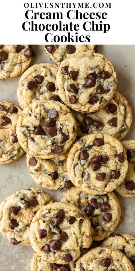 Cream Cheese Chocolate Chip Cookies Recipe Soft Bake Cookies, Cream Cheese Choc Chip Cookies, Chewy Cookie Recipes, Thick Cookie Recipes, Chocolate Chip Recipes Easy, Best Soft Chocolate Chip Cookies, Chocolate Chip Cookies Chewy, Soft Batch Cookies, Cream Cheese Chocolate Chip