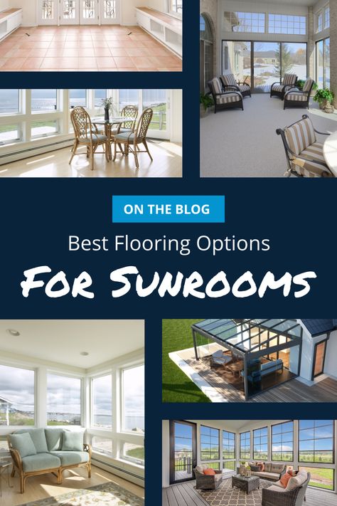 The flooring you choose for your sunroom can tie the whole room together! Visit our blog post to find out the best sunroom flooring options for your needs and style. #Sunroom #SunroomFloors #Flooring Sunroom Carpet Ideas, Three Season Room Flooring, Four Seasons Room Flooring, Sunroom Flooring Ideas Modern, Florida Room Flooring Ideas, 4 Season Room Flooring Ideas, Sunroom Floors Ideas, Flooring For Sunroom Ideas, Sunroom Flooring Ideas Tile