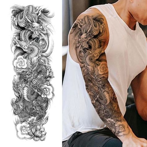 Cool Sleeve Tattoos, Tattoos Chinese, Mangas Tattoo, Fake Tattoo Sleeves, Dragon Sleeve, Arm Temporary Tattoos, Dragon Sleeve Tattoos, Full Sleeve Tattoo Design, Temporary Tattoo Sleeves