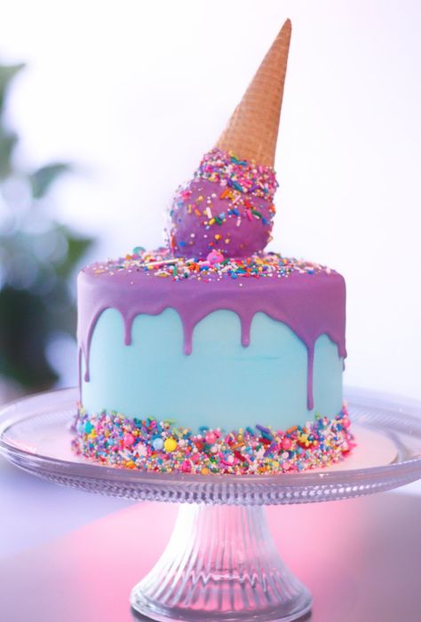 Diy Ice Cream Cone Cake, Ice Cream Cone Smash Cake, Purple Ice Cream Cake, Ice Cream Cone Drip Cake, Birthday Cake With Ice Cream Cone On Top, I’ve Cream Cone Cake, Cake Ice Cream Cones, Ice Cream Cake Decoration, Cake With Ice Cream Cone On Top