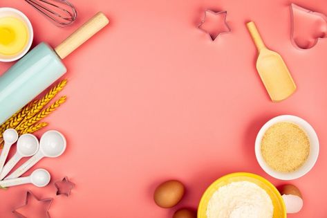 Baking or cooking ingredients on pink ba... | Premium Photo #Freepik #photo #background #frame #christmas #food Cute Baking Wallpaper, Aesthetic Baking Background, Cooking Background, Baking Wallpaper, Food Background Wallpapers, Kitchen Background, Baking Theme, Frame Christmas, Neon Backgrounds