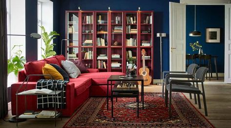 “IKEA Contemporary Library, Living Room Furniture Inspiration, Mom Cave, Ikea Inspiration, Bookcase With Glass Doors, Billy Bookcase, Glass Cabinet Doors, Dream Living, Blue Living Room