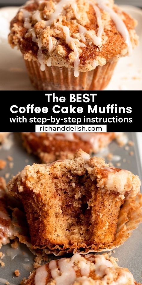 These coffee cake muffins are moist, flavorful, and topped with decadent streusel topping. These muffins are just like the ones you would get in a bakery, but you can make them at home! Muffins Cinnamon, Easy Coffee Cake, Cinnamon Streusel Muffins, Streusel Muffins, Cinnamon Streusel, Cinnamon Muffins, Vanilla Glaze, Crumble Topping, Best Recipe