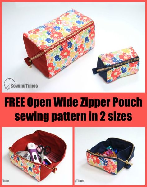 FREE Open Wide Zipper Pouch sewing pattern in 2 sizes. This is an excellent DIY zipper pouch to sew which opens wide and has a flat bottom. It's perfect as a cosmetic bag or sewing tools pouch. It comes in two sizes and there is an Awesome FREE sewing video tutorial as well. Boxy bag sewing pattern. Easy zipper bag to sew. #SewModernBags Open Wide Zipper Pouch, Zipper Pouch Pattern, Easy Zipper Pouch, Pouch Sewing Pattern, Cosmetic Bags Diy, Makeup Bag Pattern, Zipper Sewing, Diy Pouch No Zipper, Cosmetic Bag Pattern