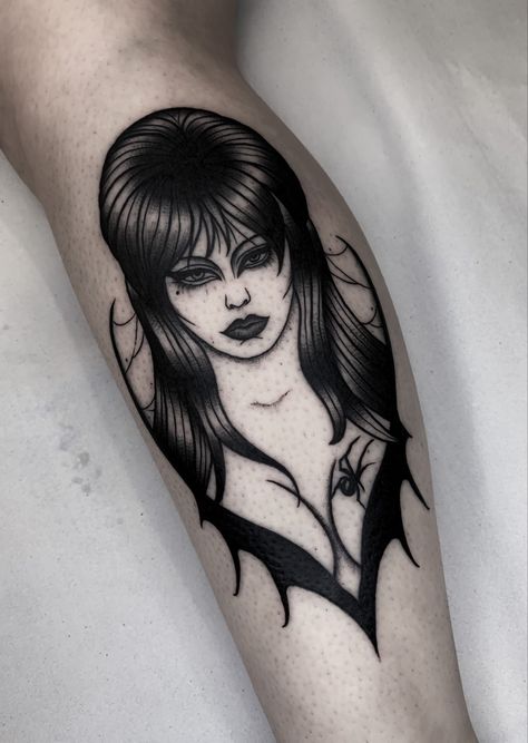 Elvira. Goth tattoo, dark art Elvira Mistress Of The Dark Tattoo, 3 Witches Tattoo, Elvira Tattoo Ideas, Munsters Tattoo, Elvira Drawing, Goth Pinup Tattoo, Morticia Addams Tattoo, Elvira Aesthetic, Elvira Art