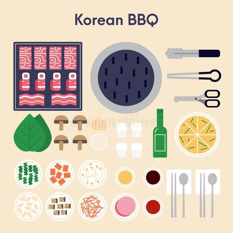 Bbq Illustration, Tiny House Family, Food Sticker, Illustration Flat, Korean Bbq, Bbq Pork, Korean Food, Kimchi, Flat Design