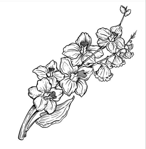 Larkspur Flower Tattoo Design, Larkspur Flower Drawing Tattoo Ideas, Larkspur Tattoo Design, Larkspur Flower Drawing, Delphinium Flower Tattoo, Larkspur Drawing, Flower Underboob Tattoo, Flower Drawing Tattoo, Larkspur Flower Tattoo