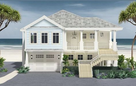 Cute Coastal House Exterior, Bloxburg Ocean House, Tropical Bloxburg House Ideas, Beachy Bloxburg House Exterior, Coastal Suburban Home, Bloxburg Coastal Exterior, Costal Houses Bloxburg, Bloxburg Beach House Exterior, Bloxburg Coastal Home