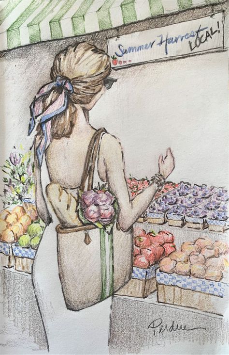 Farmer’s Market Market Drawing Easy, Farmers Market Drawing, Market Scene Drawing Easy, Market Drawing, Market Art, Girl Face Drawing, Scene Drawing, Doodle Illustration, Drawing Inspo