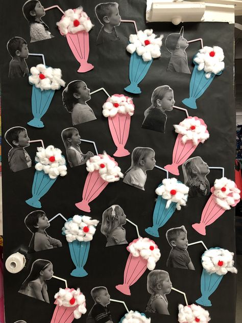 50s theme milkshake door! #preschool #bulletinboard #door #milkshake #50stheme #photo #craft #summer #icecream Candy Preschool Craft, 50th Day Of School 50s Theme, 50s Day Craft Kindergarten, 1950s Classroom Theme, 50s Diner Classroom Theme, 50s Day Activities Kindergarten, 1950s Music Aesthetic, 50s Theme Classroom Door, 50s Day Activities