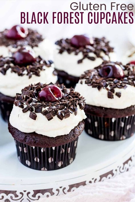 Black Forest Cupcakes | Cupcakes and Kale Chips Black Forest Cake Mini, Black Forest Cake Cupcakes, Gluten Free Cupcake Recipe Easy, Individual Black Forest Cake, Gluten Free Black Forest Cupcakes, Black Cherry Cupcakes, Gluten Free Chocolate Desserts, Gluten Free Cupcake Recipe, Black Forest Cupcakes