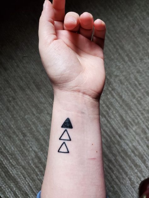 Sister tattoo, three triangles stacked on top of each other, oldest sister, one triangle filled in, first tattoo Three Triangle Tattoo, Meghan Quinn, Oldest Sister, Sister Tattoo, Triangle Tattoos, Sister Tattoos, First Tattoo, Deathly Hallows Tattoo, Triangles