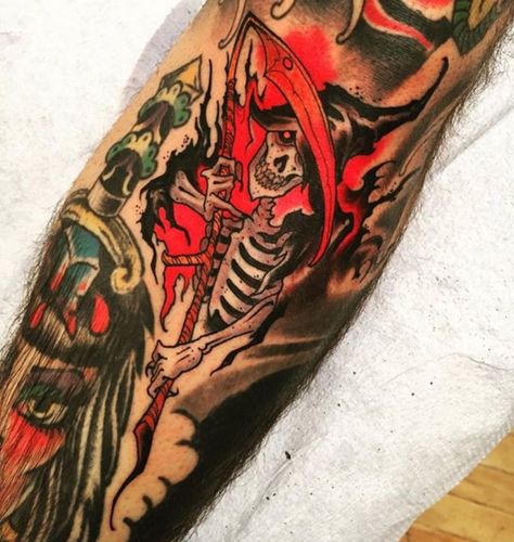 Grimm Reaper Tattoo, Grime Tattoo, Memoir Tattoo, Y2k Tattoos, Colored Tattoo, Grim Reaper Tattoo, Reaper Tattoo, Grim Reaper Art, Sweet Tattoos