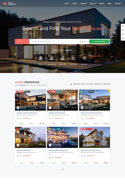 Reality is a highly customizable and versatile Multipurpose WordPress Theme specifically designed for the real estate industry. It offers multiple pre-designed homepage layouts and various features such as property listings, property search, and agent profiles. The theme is fully customizable, allowing you to add your own branding and style to the website. It comes with several features such as customizable header and footer options, blog section, and social media integration. Property Website Design Real Estates, Website Design Inspiration Real Estate, Header Website Design, Real Estate Website Design Inspiration, Real Estate Social Media Design, Real Estate Agent Website, Real Estate Website Design, Gorgeous Apartment, Real Estate Site