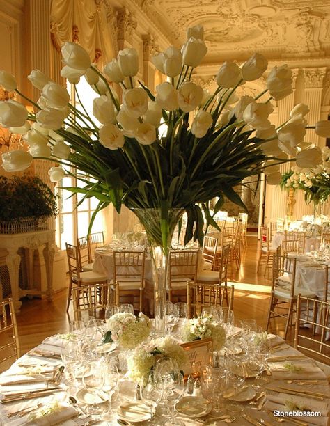 Five Tulip Wedding Decorations Tulip Centerpiece, Tulip Wedding, Flowers And Greenery, All White Wedding, Tall Centerpieces, Floral Event Design, White Tulips, Wedding Table Decorations, Deco Table