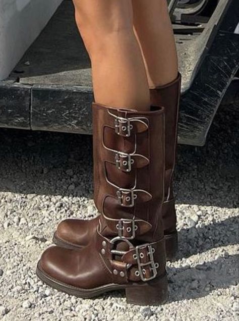 Miu Miu Leather Boots, Designer Boots Outfit, Shoes Vintage Aesthetic, Knee High Biker Boots, Miu Miu Buckle Boots, Mui Mui Boots, Biker Boots Aesthetic, Miu Miu Biker Boots Outfit, Miu Miu Fall 2024