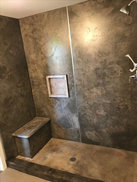 Concrete shower with 1/2" panels and stamped/carved pan and curb.  dccustomconstruction.net Concrete Shower Ideas, Copper Tub Bathroom, Concrete Shower Floor, Concrete Shower Pan, Underwater Room, Concrete Shower, Spanish Style Bathrooms, Yurt Home, Dj House