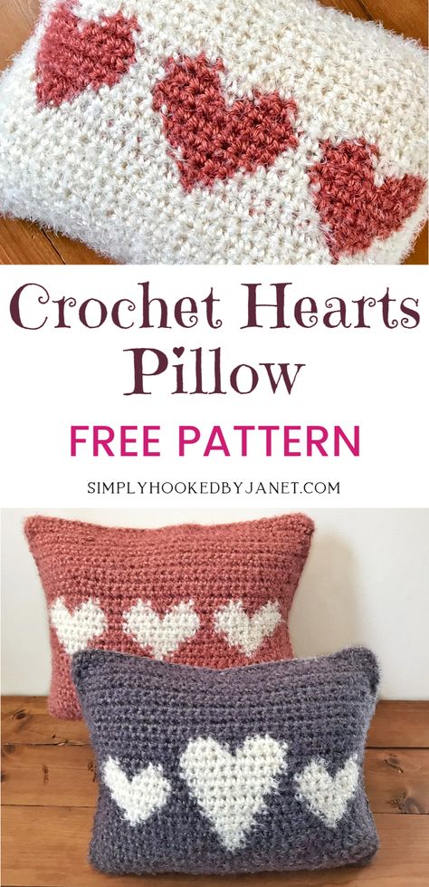 This tapestry crochet pillow pattern uses a bulky weight yarn. Red Heart Hygge is such a nice yarn for this crochet pillow. There are 2 different heart designs that can be made. This free pillow pattern includes written instructions as well as 2 graphs that can be followed. Use this crochet pillow as Valentine Day decor or in a baby nursery. Free crochet pattern by Simply Hooked by Janet. #freecrochetpattern Crochet Home Decor Pattern. Crochet Valentine Pillow, Tapestry Crochet Pillow Pattern Free, Crochet Valentines Decor, Crochet Valentines Ideas Free Patterns, Crochet Heart Pillow Free Pattern, Crochet Hearts Pattern Free, Crochet Valentines Day Patterns Free, Valentines Day Crochet Patterns Free, Valentines Day Crochet Patterns