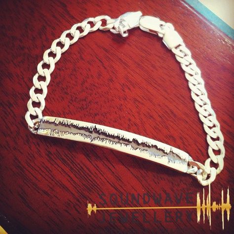 Custom Soundwave ID Bracelet in sterling silver. I hope she loves it! #SoundwaveJewellery #handmade #bespoke #custom #record #unique #art #design #soundwaves #voiceprint #music #studiolife #qualityoverquantity Custom Record, Soundwave Jewelry, Baguette Diamond Necklace, Wave Jewelry, Baguette Necklace, Voice Recording, Sideways Initial Necklace, Diamond Choker Necklace, Floating Necklace