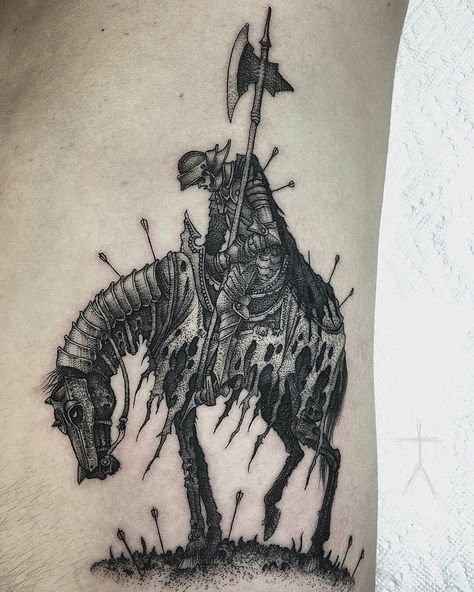 Gothic Knight Tattoo, Gothic Horse Tattoo, Dark Medieval Tattoo, Knight On Horse Tattoo, Knight Tattoo Medieval, Skull Knight Tattoo, Medieval Knight Tattoo, Medieval Tattoo Ideas, Knight Tattoo Design