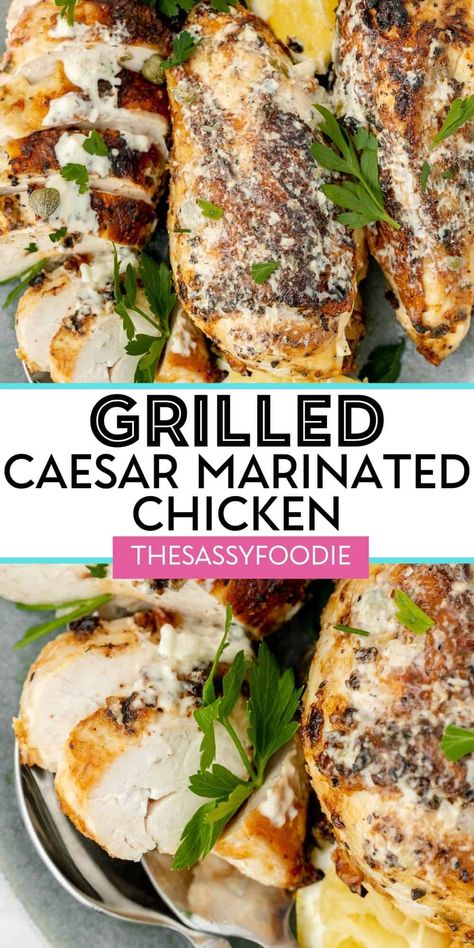 This grilled caesar marinated chicken recipe is a delicious way to jazz up boring chicken breasts. A tangy, homemade caesar dressing makes the perfect marinade for meaty chicken. Packed with garlic, lemon, zesty capers, and of course parmesan cheese, you'll wonder why you haven't used caesar dressing a marinade before! Cesar Salad Chicken Marinade, Grilled Chicken For Cesar Salad, Grilled Chicken Salad Marinade, Grilled Chicken For Ceasar Salad, Chicken Ceasar Salad Marinade, Ceaser Chicken Marinade, Grilled Chicken Caesar Salad Marinade, Caesar Salad Chicken Marinade, Chicken Marinade For Ceasar Salad