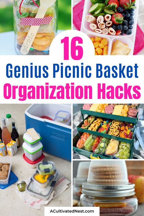 16 Ways to Organize a Summer Picnic Basket- Organize your summer picnic basket like a pro with these must-try tips and tricks! From Mason jar meals to plastic-free picnics, discover how to make your outdoor dining easy and stylish. Click to find your new picnic favorites! | #PicnicBasket #picnic #PicnicOrganization #organization #ACultivatedNest Picnic Storage Ideas, Picnic Organization Ideas, Picnic Container Ideas, Picnic Hacks Outdoor, Diy Picnic Basket, Picnic Basket Ideas, Picnic Hack, Picnic Gift Basket, Picnic Basket Food