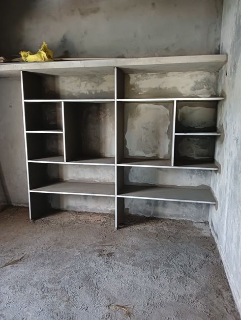 Cement Shelf Design For Bedroom, Cement Cupboard Design, Cement Wardrobe Design, Granite Wardrobe Design, Cement Cupboards, Concrete Closet, Wall Showcase Design, Home Tiles Design, Arch Designs For Hall