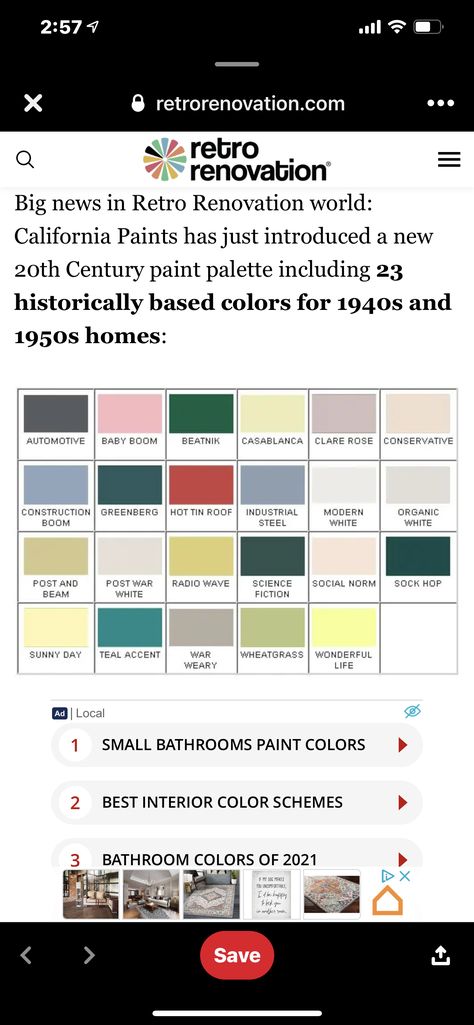 30s 40s Interior Design, 1940s Home Exterior Colors, 1940s Paint Colors, 50s Paint Colors, 1940s Interior Paint Colors, 1940s House Exterior Paint Colors, 40s Color Palette, 1940s Color Palette, 1940s Colour Palette