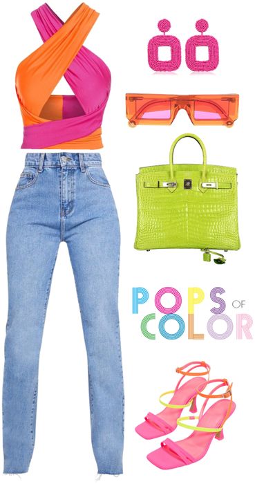 Polyvore Colorful Outfit, Neon Summer Outfits, Summer Outfits Bright Colors, Neon Colors Outfits, Bright Colour Outfit, Neon Outfit Ideas, Bright Colored Outfits, Mode Pop, Hot Summer Outfits