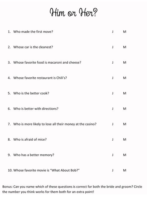 Bridal Shower Game -- Him or Her? Have each guest choose whether the bride or groom is the answer to the question. Click through for more game and prize ideas! Him Or Her Questions, Him Or Her Game Questions, Wedding Quiz, Couples Quizzes, Prize Ideas, Couple Game, Couples Quiz, Wedding Party Games, Wedding Games For Guests