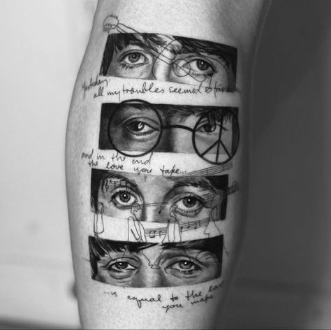 The Beatles Tattoo Small, Beatles Tattoo Sleeve, The Beatles Tattoo Ideas, Beatles Inspired Tattoos, Tattoo Collage, Beatles Tattoo, Hands Tattoo, Fusion Ink, Biomechanical Tattoo