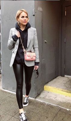 Black Blazer Leather Leggings, Blazer Hoodie And Leggings Outfit, Commando Leather Leggings Outfit, Blazer And Hoodie Women, Office Leggings Outfit Summer, Women’s Casual Street Wear, Leather Leggings And Hoodie Outfit, Leather Pants And Vans Outfit, Blazer Over Hoodie Outfit