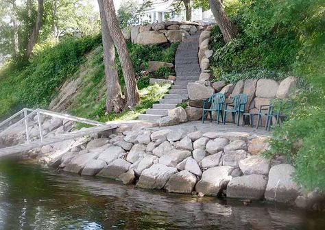 Retaining Wall Ideas, Waterfront Architecture, Lake Landscaping, Outside Steps, Landscaping On A Hill, Cold Stone, Lawn Alternatives, Lake Dock, River Cabin