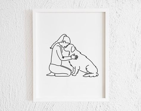 Me And My Dog Drawing, Dog Line Art Golden Retriever, Women And Dog Tattoo, Woman And Dog Drawing, Golden Retriever Line Drawing, Dog Minimalist Drawing, Golden Retriever Line Art, One Drawing Line, Girl With Dog Drawing