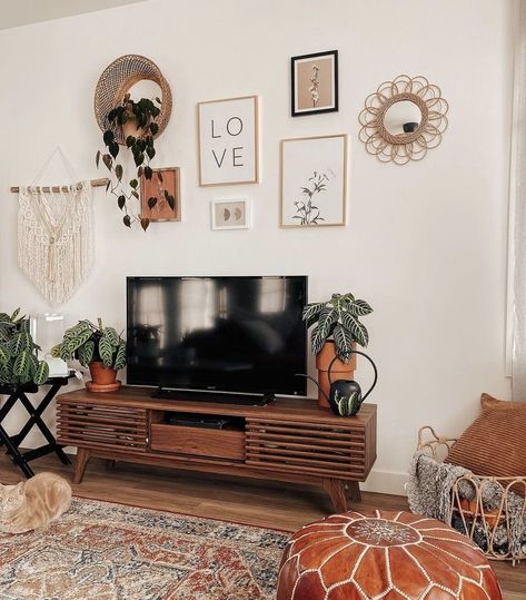 Boho Tv Stand Bedrooms, Mcm Tv Wall Ideas, Over Tv Wall Decor Living Room Boho, Wall Mounted Tv Styling, Boho Wall Decor Around Tv, Above Tv Boho Decor, Boho Bedroom Tv Wall, Entertainment Center Apartment, Boho Tv Stand Decor Living Room