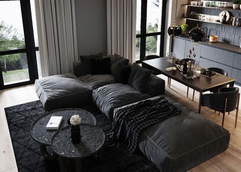 Dark Minimalism Apartment on Behance Minimalist Studio Apartment Men, Studio Apartment Dark Aesthetic, Dark Tone Apartment, Cozy Dark Minimalist Living Room, Dark Aethstetic Apartment, Dark Apartment Aesthetic Modern, Dark Interior Design Apartment, Dark Minimalist Aesthetic Living Room, Dark Furniture Apartment