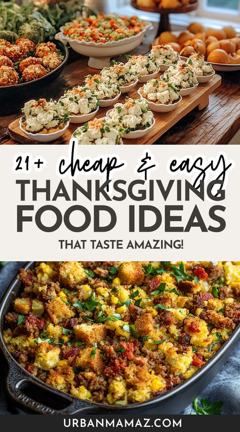 Cheap and easy Thanksgiving food ideas for dinner that taste amazing Budget Friendly Thanksgiving Dinner, Costco Thanksgiving Food, Thanksgiving Birthday Ideas, Thanksgiving Food Setup, Alternate Thanksgiving Dinner Ideas, Friends Giving Food Ideas Easy, Alternative Thanksgiving Meal Ideas, Thankmas Ideas, Easy Thanksgiving Recipes Dinners