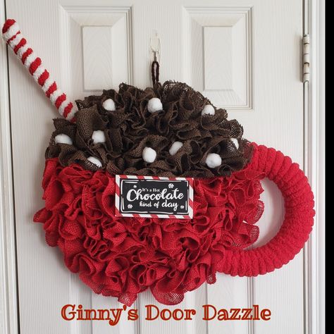 Hot Chocolate Wreath, Hot Cocoa Wreath Diy, Hot Cocoa Wreath, Wire Wreath Frame Ideas, Hot Cocoa Christmas Wreath, Wreath Competition, Burlap Candy Cane Wreath Tutorial, Cup Wreath, Candy Cane Circle Wreath