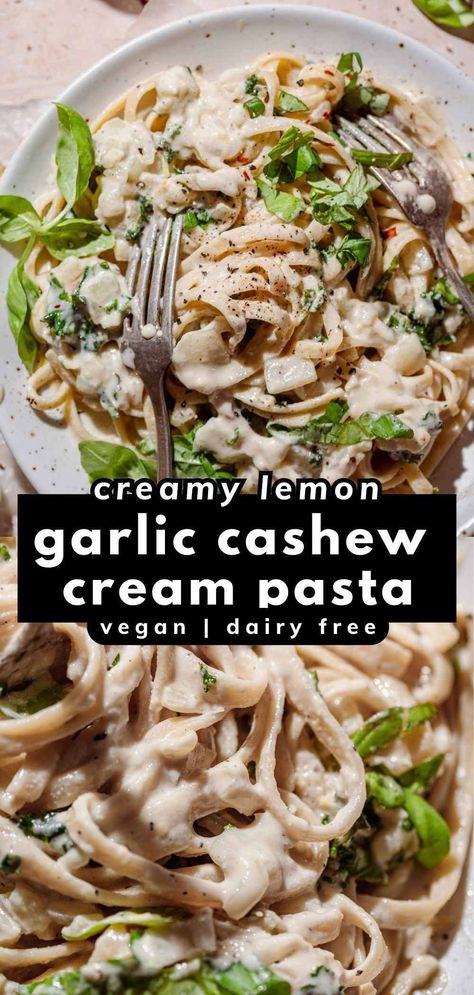 This Vegan Cashew Cream Pasta has a velvety texture that rivals traditional Alfredo. The cashew pasta sauce is fresh and flavorful thanks to bright lemon and lots of garlic. Best of all? It’s entirely dairy-free and ready in less than 30 minutes, making it an easy weeknight meal! Use your favorite pasta from fettuccine to rigatoni to penne. Lemon Garlic Pasta Sauce, Vegan Cashew Cream, Cashew Cream Recipe, Garlic Pasta Sauce, Cashew Cream Sauce, Cashew Recipes, Vegan Alfredo Sauce, Creamy Vegan Pasta, Cream Sauce Pasta