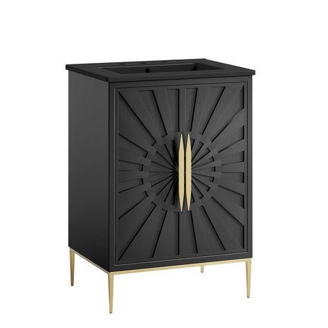 PRICES MAY VARY. CONTEMPORARY BATHROOM VANITY - Brighten your bathroom space with the modern silhouette, gold details, and rays of clean lines that radiate from this bathroom vanity SOLID CONSTRUCTION - Refreshing a bathroom with modern design, this vanity cabinet is crafted with solid wood and MDF and rests on a sturdy base with non-marking foot caps BATHROOM STORAGE - Keep counter space clean and organize bathroom essentials with the ample storage space that the open shelving provides with a s 24inch Bathroom Vanity, Cabinet Installation, 24 Inch Bathroom Vanity, Powder Room Vanity, Black Vanity Bathroom, 36 Bathroom Vanity, Bathroom Vanity Cabinet, Sink Basin, Contemporary Bathroom Vanity