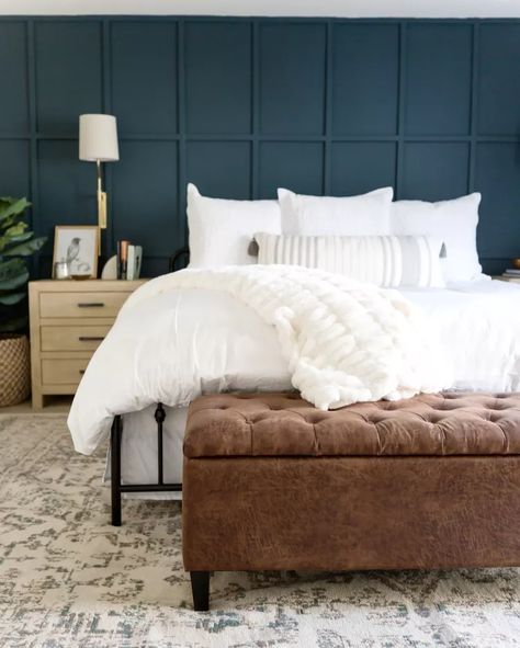 20 Gorgeous Ways to Make Wood Paneling Feel Modern Moody Coastal Bedroom, Board And Batten Wall Ideas, Batten Wall Ideas, Dining Room Teal, Bright Bedroom, Batten Wall, Blue Accent Walls, Brighter Bedroom, Board And Batten Wall