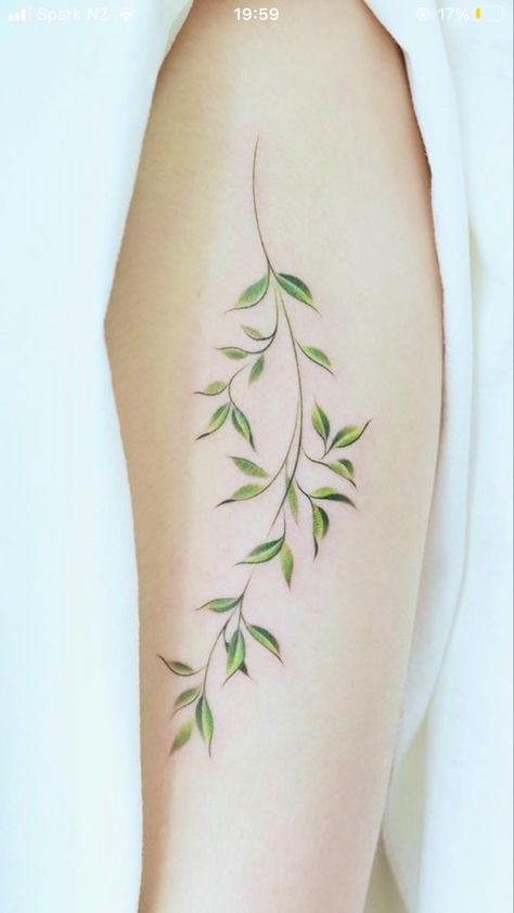 Gentle Flower Tattoo, Leaf Tattoo Green, Leaves In The Wind Tattoo, Clover Vine Tattoo, Green Floral Tattoo, Green Vine Tattoo, Green Leaves Tattoo, Flowers And Leaves Tattoo, Ivy Tattoo Vines For Women