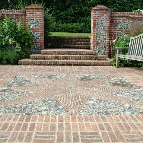 382 Likes, 8 Comments - Arabella Lennox Boyd (@aralennoxboyd) on Instagram: “Wonderfully laid flint and brick paving #expert builder #knowledge #tradition” Flint Wall, Rock Cottage, Paving Ideas, Garden Walls, Brick Paving, Reclaimed Brick, Outdoor House, Garden Idea, Garden Steps