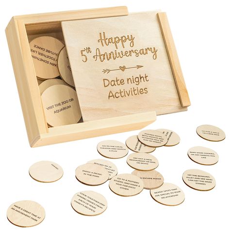 PRICES MAY VARY. UNIQUE 5 YEAR ANNIVERSARY WOOD GIFTS: Celebrate your happy day with our anniversary gifts 5 years! The set is ideal as 5 year anniversary gifts for her, 5th anniversary gifts for him, 5th wedding anniversary gifts for couples, or Valentine's day gifts 52 DATES: This box of wood gifts for him 5th anniversary is 4.33x4.33x1.2 inch, featuring 26 date tokens. There're 52 cute and funny date ideas for every week of the year, making it the most special 5 anniversary gifts for her LOVE Date Night Activities, Wooden Anniversary Gift, 9 Year Anniversary, Night Activities, 5 Year Anniversary Gift, Wood Anniversary Gift, 1 Year Anniversary Gifts, Marriage Gifts, Husband Anniversary