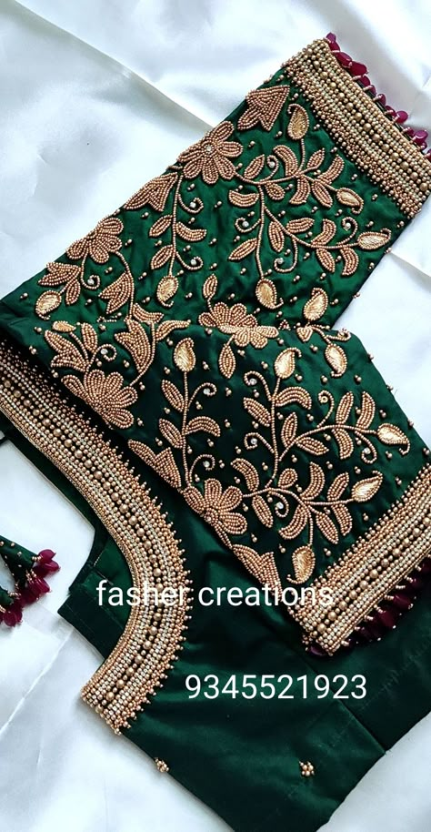 Aari Blouses, Green Blouse Designs, Model Blouse Designs, Latest Bridal Blouse Designs, Aari Design, Hand Work Design, Simple Hand Embroidery Patterns, Cutwork Blouse, Traditional Blouse Designs