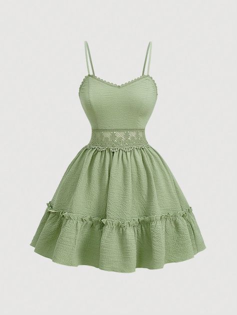 Women's Solid Color Lace Patchwork Spaghetti Strap Dress Green Casual  Sleeveless Woven Fabric Plain Cami Slight Stretch  Women Clothing, size features are:Bust: ,Length: ,Sleeve Length: Sage Green Fits, Pastel Green Dress, Fairycore Fashion, Green Sundress, Grad Outfits, Olive Green Dress, Sage Green Dress, Cute Dress Outfits, Prom Dress Inspiration