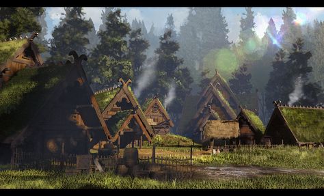 ArtStation - forest village, KoBOng The Hunting Party, Forest Village, Viking Village, Fantasy Village, Forest City, Art Village, Location Inspiration, Fantasy Forest, Fantasy City