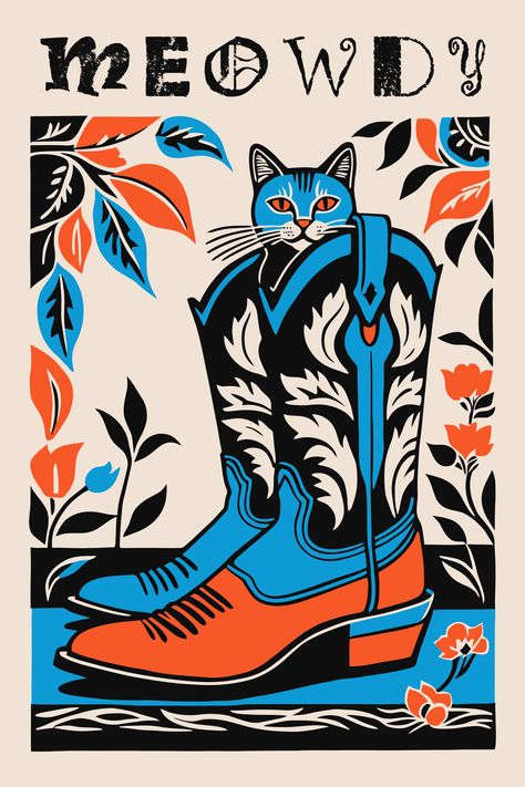 Meowdy Cat Art, Cowboy Boots Poster, Vintage Wall Art, Western Cat Illustration, Home Decor for Cat Lovers, Quirky Animal, Whimsical Cat Art Meowdy Cat, Cowboy Boots Poster, Cowboy Boots Print, Whimsical Cat Art, Boots Print, Wall Art Country, Poster Cat, Home Decor Country, Country Music Festival