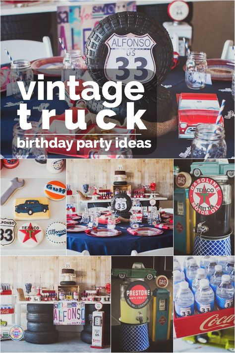 Do boys ever outgrow their love for trucks?  I think not, as evidenced by this awesome vintage truck themed birthday party planned by Virginia Barrera, of Amador de Parties, for her husband’s 33rd birthday.  Full of creative detail ideas like a dessert table hoisted up on old tires, vintage garage-inspired decorations, and a road sign topped cake, this is one party that boys—young and old—will love.  Cruise through the photos by Snapberry Photographs and enjoy the ride! See also: Quit spinnin... Vintage Truck Birthday, Birthday Party Ideas For Boys, Vintage Car Birthday, Vintage Car Party, Vintage Party Ideas, Birthday Cake For Husband, Truck Birthday Party, Vintage Garage, 33rd Birthday