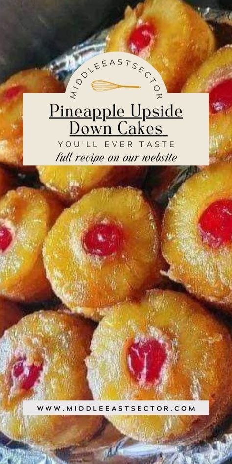 Bring the warmth of the tropics to your dessert table with our Mini Pineapple Upside Down Cakes—an adorable and delicious twist on a classic favorite. These individual treats feature caramelized pineapple rings, maraschino cherries, and a moist vanilla cake that captures the essence of a tropical paradise. Treat yourself to a taste of sunshine with this easy-to-make, charming dessert that will transport you to a state of pure bliss. Individual Pineapple Cakes, Mini Upside Down Pineapple Cake, Easy Pineapple Upside Down Cake, Individual Treats, Pineapple Upside Down Cakes, Mini Pineapple Upside Down Cakes, Upside Down Cakes, Caramelized Pineapple, Sunshine Food